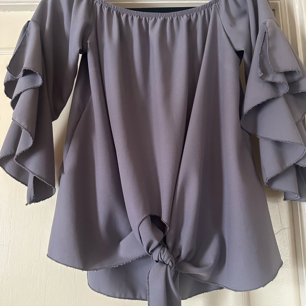 Purple Ruffled Blouse with Off-Shoulder Neckline